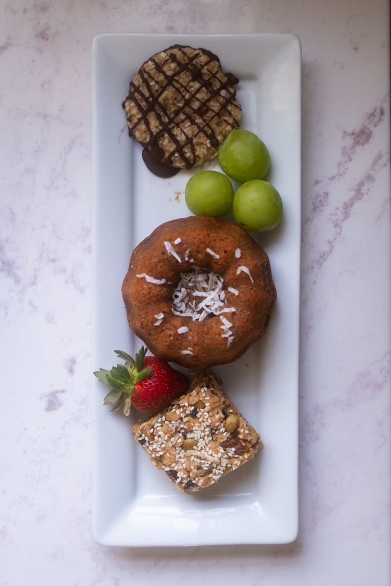 Individual dessert sampler with cookie, bundt cake, and granola bar