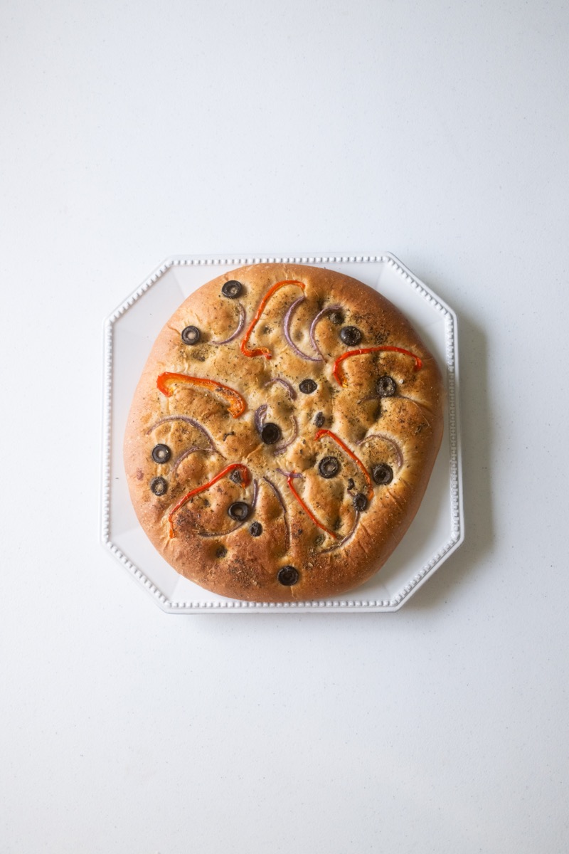 Focaccia bread with olives and peppers